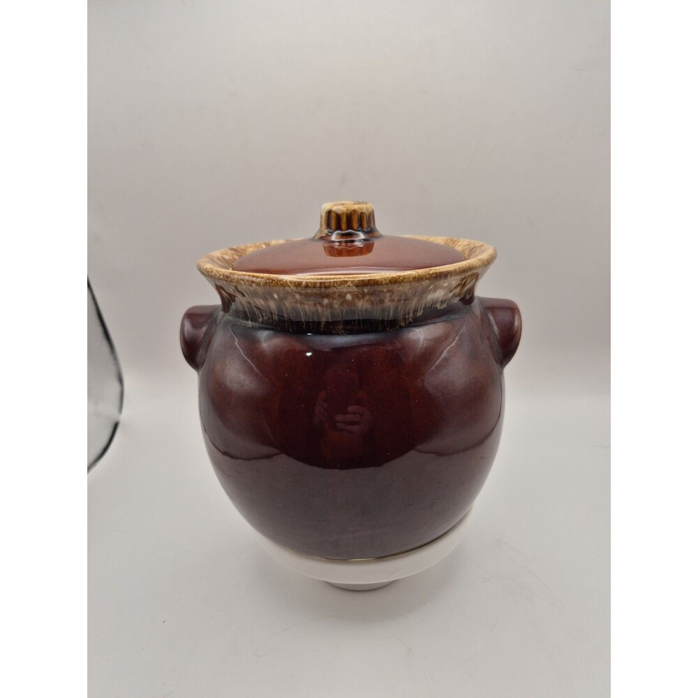 Hull Pottery Bean Pot Brown Drip Glaze Crock Jar Oven Proof Vintage Made In USA